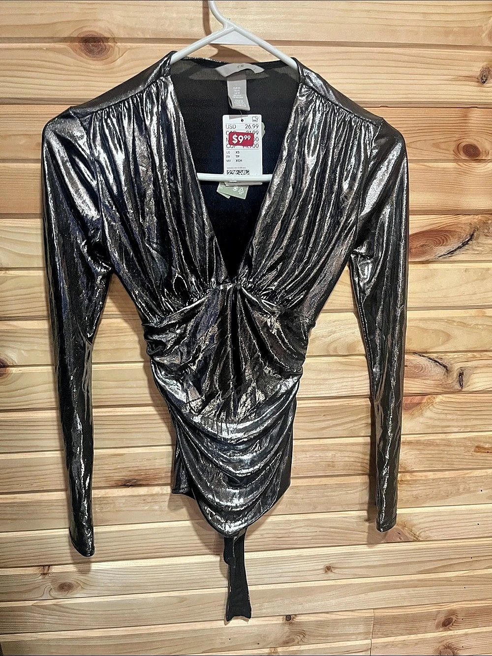 H&M Draped V-neck thong body Metallic Bodysuit Black XS